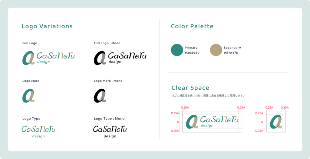 casaneru design の ロゴのコンセプトをまとめた図。Casa(居場所・拠点)と重ねるという意味を併せ持つロゴとして、2色構成でCとAが組み合わさってできたロゴです。